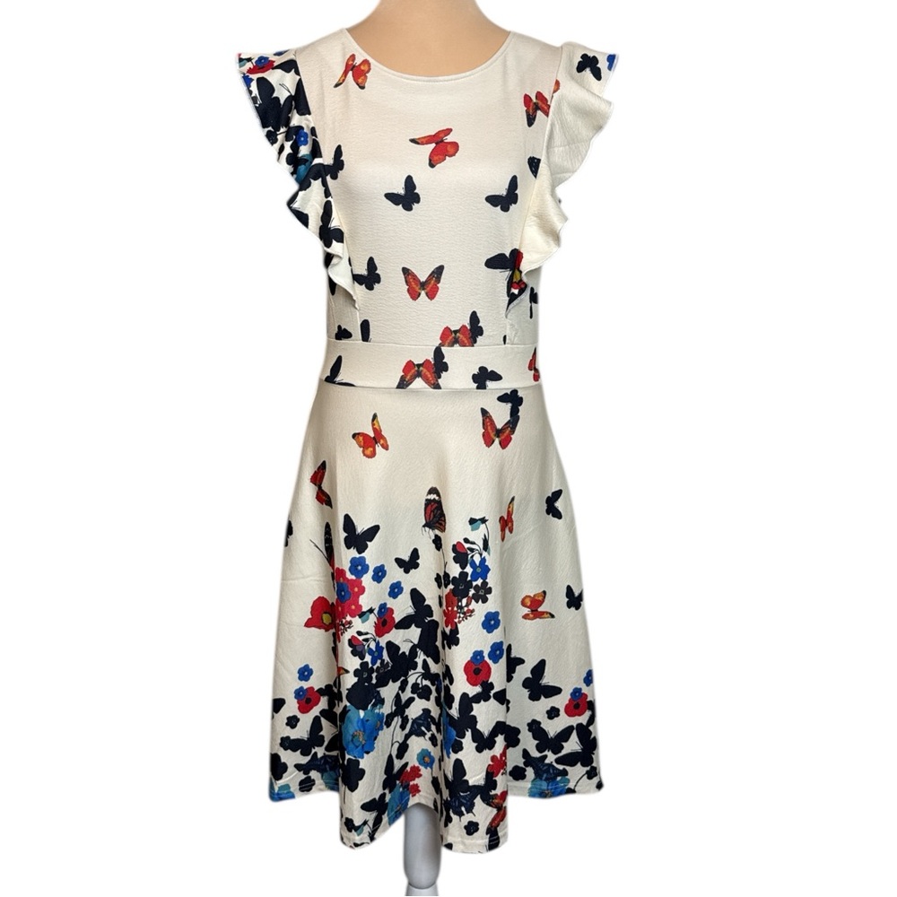iHot Butterfly Print Midi Dress Cream Red Blue Vintage Style Fit Flare Sz M EUC